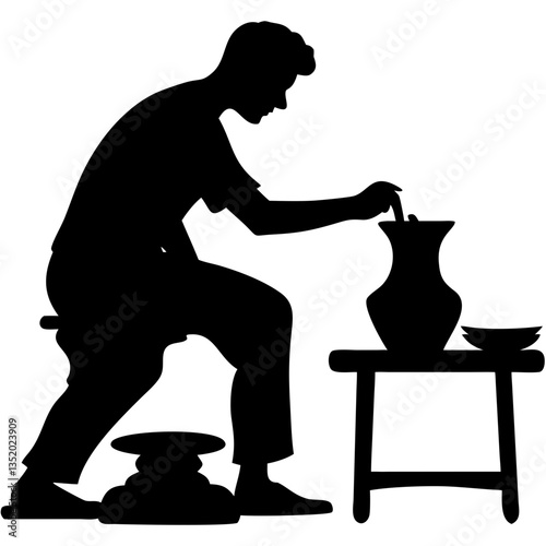 Silhouette of Potter Crafting Clay on Wheel Illustration for Art and Design Projects