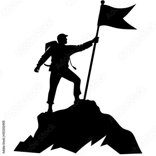 Silhouette Man Reaching Summit Flag on Mountain Peak Adventure Achievement Vector