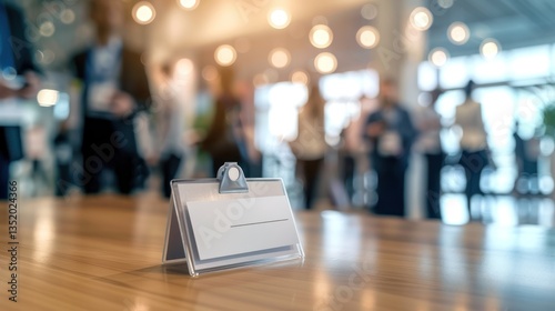 Wallpaper Mural Close-up of a name tag and conference badge on a table, with a blurred background of networking attendees. Torontodigital.ca