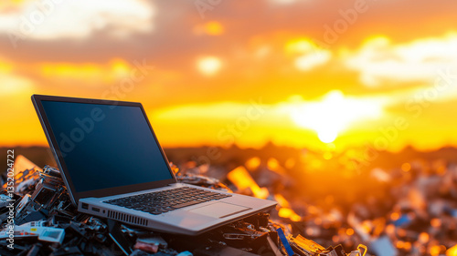 laptop sits atop pile of electronic waste, illuminated by warm sunset. This scene highlights growing issue of e waste and its environmental impact, evoking sense of urgency