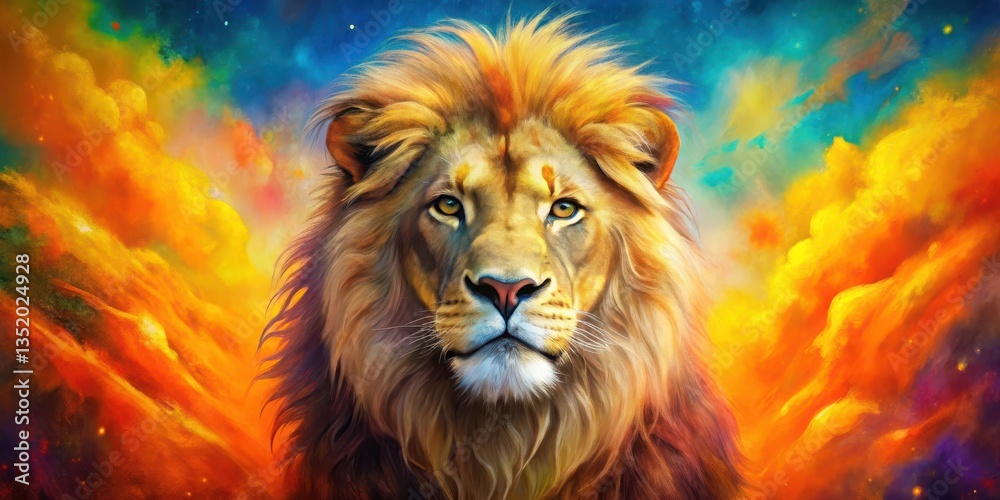 Fototapeta Regal lion on a colorful background with vibrant shades of orange and yellow, majestic creature, bold illustration