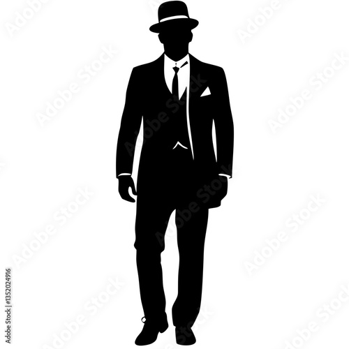 Silhouette of Man in Suit and Hat Walking Elegantly for Retro Designs