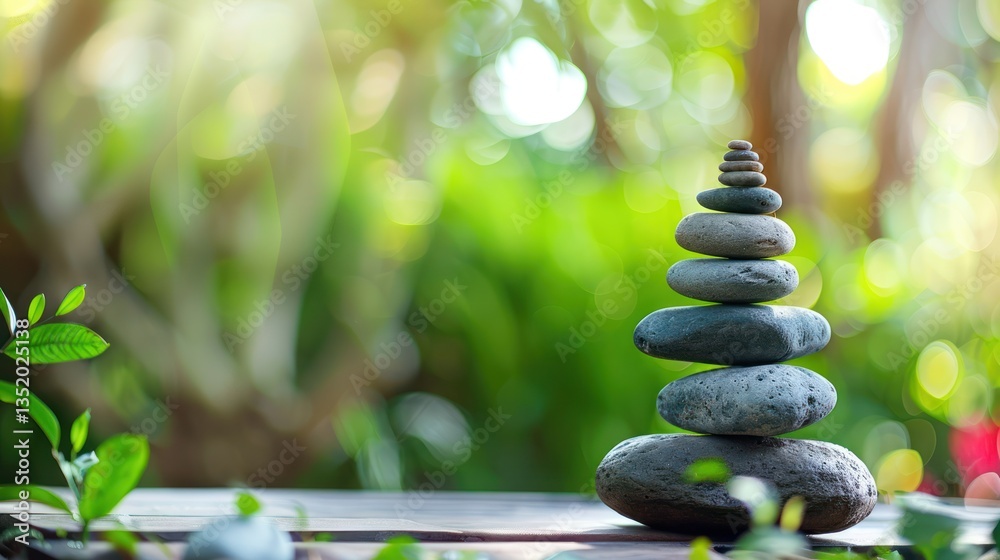 Obraz premium A person practicing meditation next to a stack of stones in a peaceful garden, with soft focus on greenery in the background.