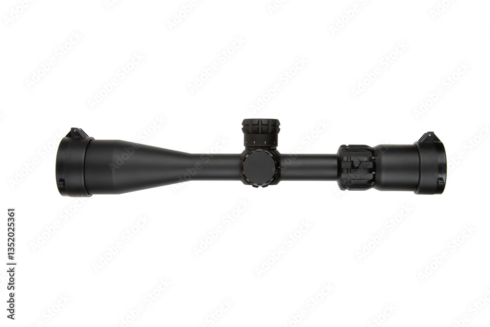 A black rifle scope with adjustment knobs and lens covers for precision shooting. A black rifle scope with adjustment knobs and lens covers for precision shooting.