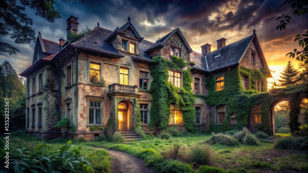 Creepy mansion at dusk with overgrown garden and broken windows , gloom, abandoned Creepy mansion at dusk with overgrown garden and broken windows , gloom, abandoned