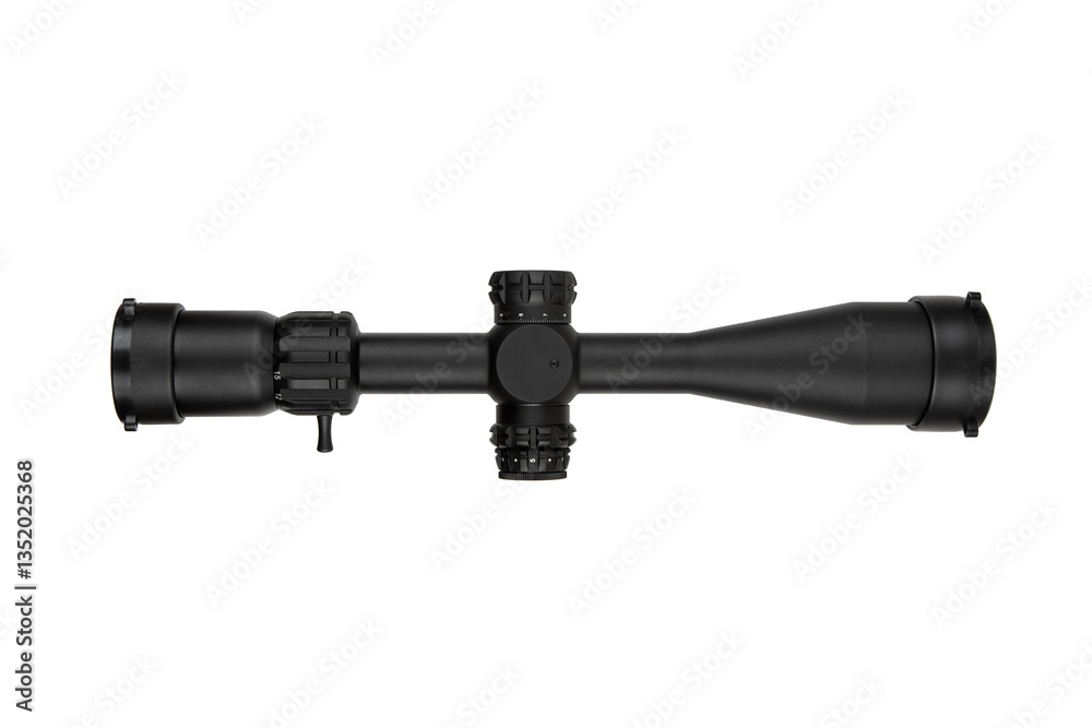 A black rifle scope with adjustment knobs and lens covers for precision shooting. A black rifle scope with adjustment knobs and lens covers for precision shooting.