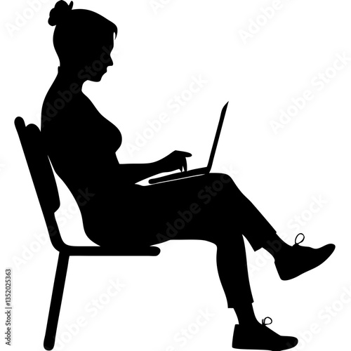 Silhouette Woman Working on Laptop in Seated Pose for Remote Work and Design Projects