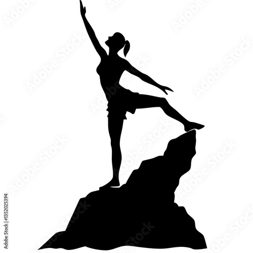 Silhouette of Woman Balancing on Rock Mountain Climber Adventure Vector