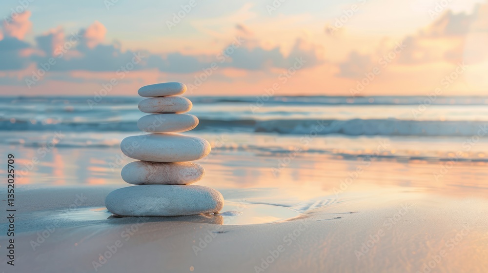 A balanced stack of smooth stones on a tranquil beach at sunrise, symbolizing harmony and peace.