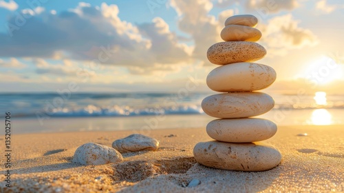 A balanced stack of smooth stones on a tranquil beach at sunrise, symbolizing harmony and peace.