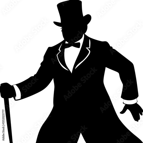 Elegant Silhouette of a Man in Top Hat and Tuxedo with Cane for Vintage Design