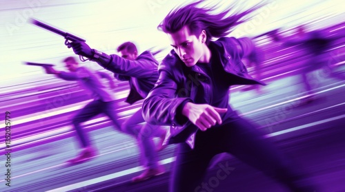 Men Running with Guns Action Scene with Motion Blur and Violet Hue