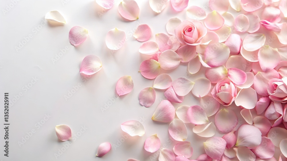 Fototapeta premium Soft pink rose petals scattered on a white background, with delicate floral details and a subtle sense of movement