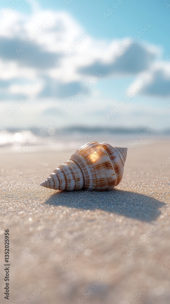 A single seashell resting on the beach in sunlight near the ocean A single seashell resting on the beach in sunlight near the ocean