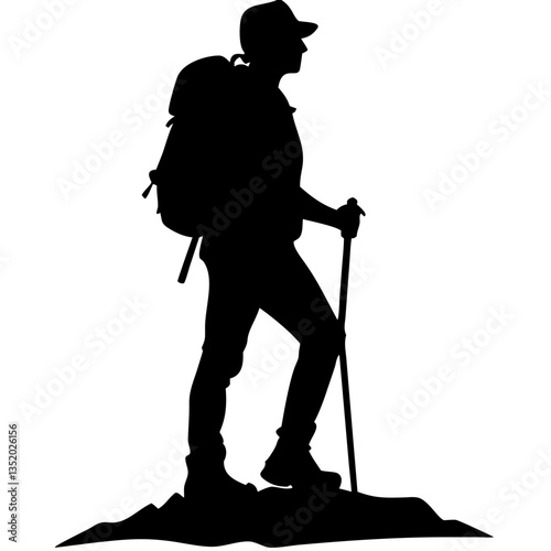 Vector Silhouette of Hiker with Backpack and Walking Stick for Outdoor Adventure Designs