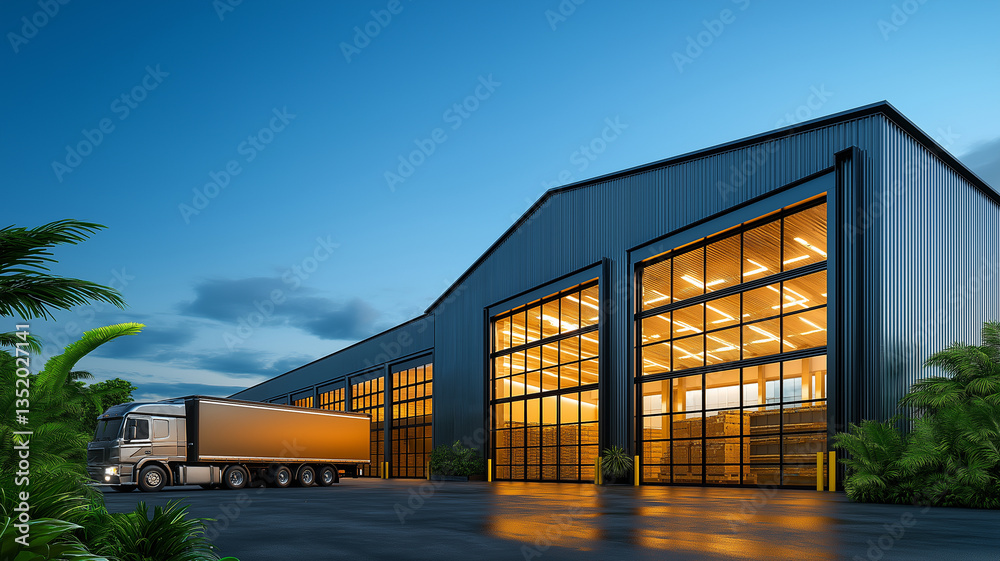 Obraz premium modern warehouse exterior features large windows and truck parked outside, illuminated by warm lights. scene conveys sense of efficiency and productivity in commercial setting