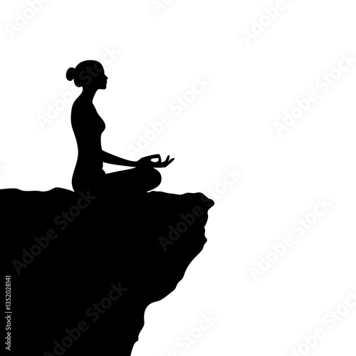 Meditation Silhouette Woman Practicing Yoga on Cliff Peaceful Serenity Vector Illustration