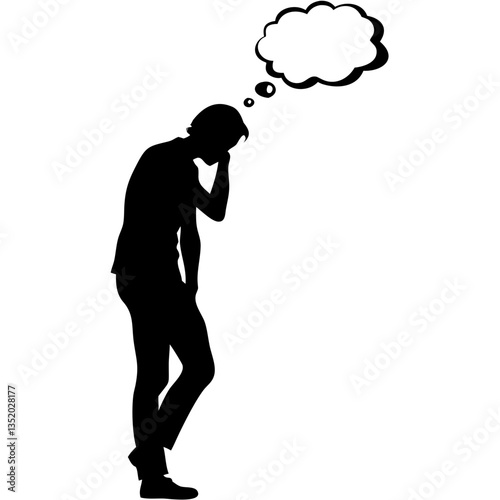 Silhouette of Thoughtful Man Thinking with Empty Speech Bubble Vector Illustration