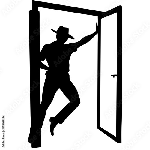 Silhouette of Man in Hat Stylishly Leaning Against Open Doorway
