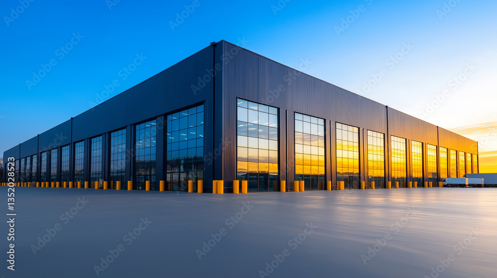 Fototapeta premium modern industrial warehouse exterior showcases large glass windows reflecting vibrant sunset. sleek design and expansive structure evoke sense of innovation and functionality