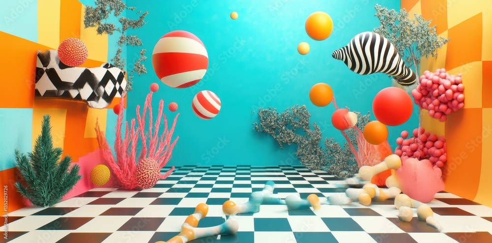 Obraz premium A colorful abstract interior scene with floating geometric shapes