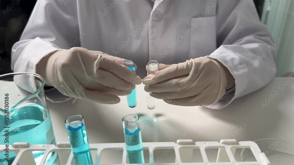 Scientist comparing two test tubes in laboratory research medical chemistry experiment concept
