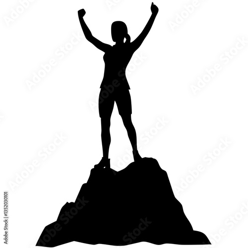 Triumphant Woman Silhouette Standing on Mountain Top Signifying Achievement and Success