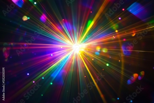 Blurred rainbow refraction overlay effect. Light lens prism effect on black background. Holographic reflection, crystal flare leak shadow overlay. Colorful rainbow disco ball light leaks texture