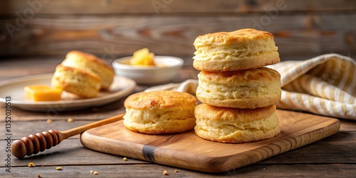 Fluffy buttermilk biscuits stacked on a wooden cutting board with a pat of golden butter and a drizzle of warm honey on top, illuminated by soft natural light, buttermilk, baking