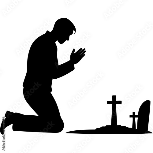 Silhouette of Man Kneeling in Prayer at Gravestone Memorial Illustration