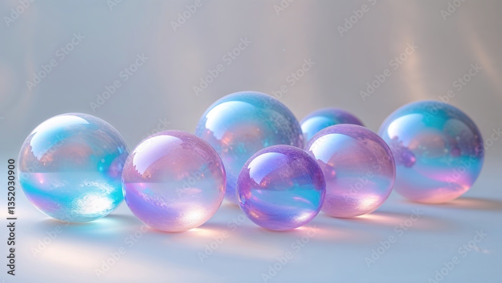 A series of translucent spheres in hues of pink, blue, and purple are gently arranged on a soft surface. Light reflects off their surfaces, creating a calming and artistic atmosphere A series of translucent spheres in hues of pink, blue, and purple are gently arranged on a soft surface. Light reflects off their surfaces, creating a calming and artistic atmosphere