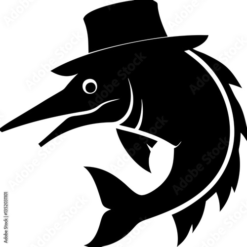 Black Marlin Wearing Top Hat Vector Art for Logos Posters Tattoos