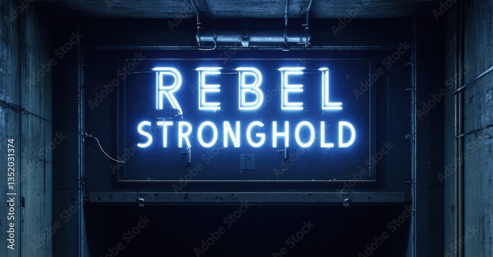Obraz premium Neon rebel stronghold sign glowing faintly on hidden underground entrance deep navy and bright silver symbolizing resistance in dystopian world