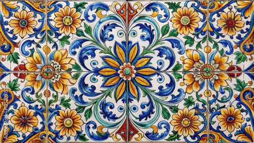 Traditional Sicilian ceramic tile design featuring intricate floral patterns and ornate details in a classic Mediterranean style , italian style, decorative tile