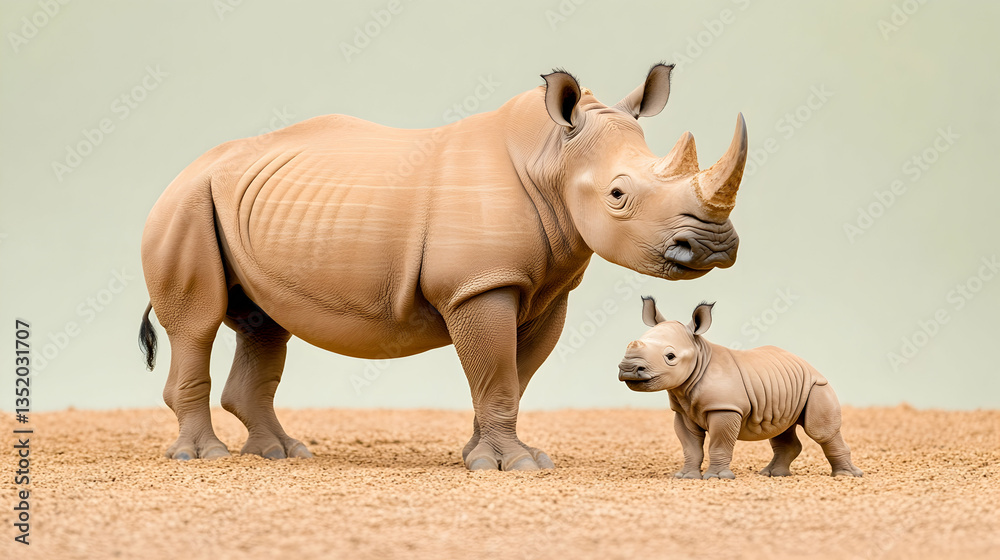 Fototapeta premium Adult and baby rhino figurines on sandy surface, studio shot, conservation awareness