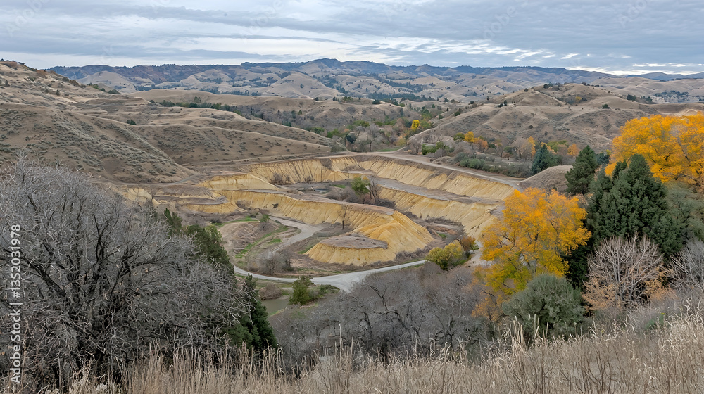 Obraz premium Autumn landscape Sand quarry in valley, hills, yellow trees. Industrial site, environmental impact, nature photography