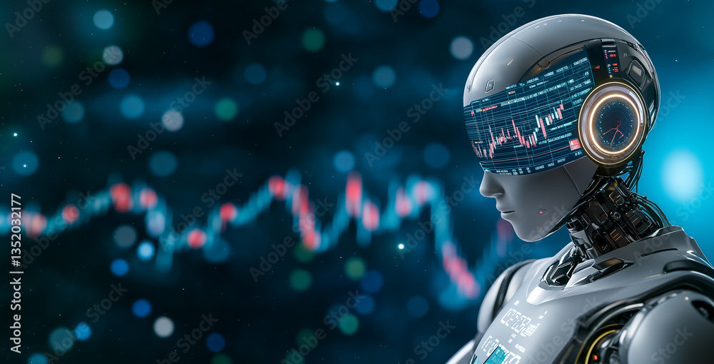 futuristic robot with digital display its head stands against blurred background of fluctuating data graphs, symbolizing advanced technology and artificial intelligence. robot sleek design futuristic robot with digital display its head stands against blurred background of fluctuating data graphs, symbolizing advanced technology and artificial intelligence. robot sleek design