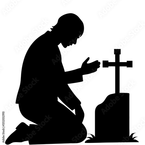Silhouette of Mourning Person Kneeling at Grave with Cross for Memorial Art