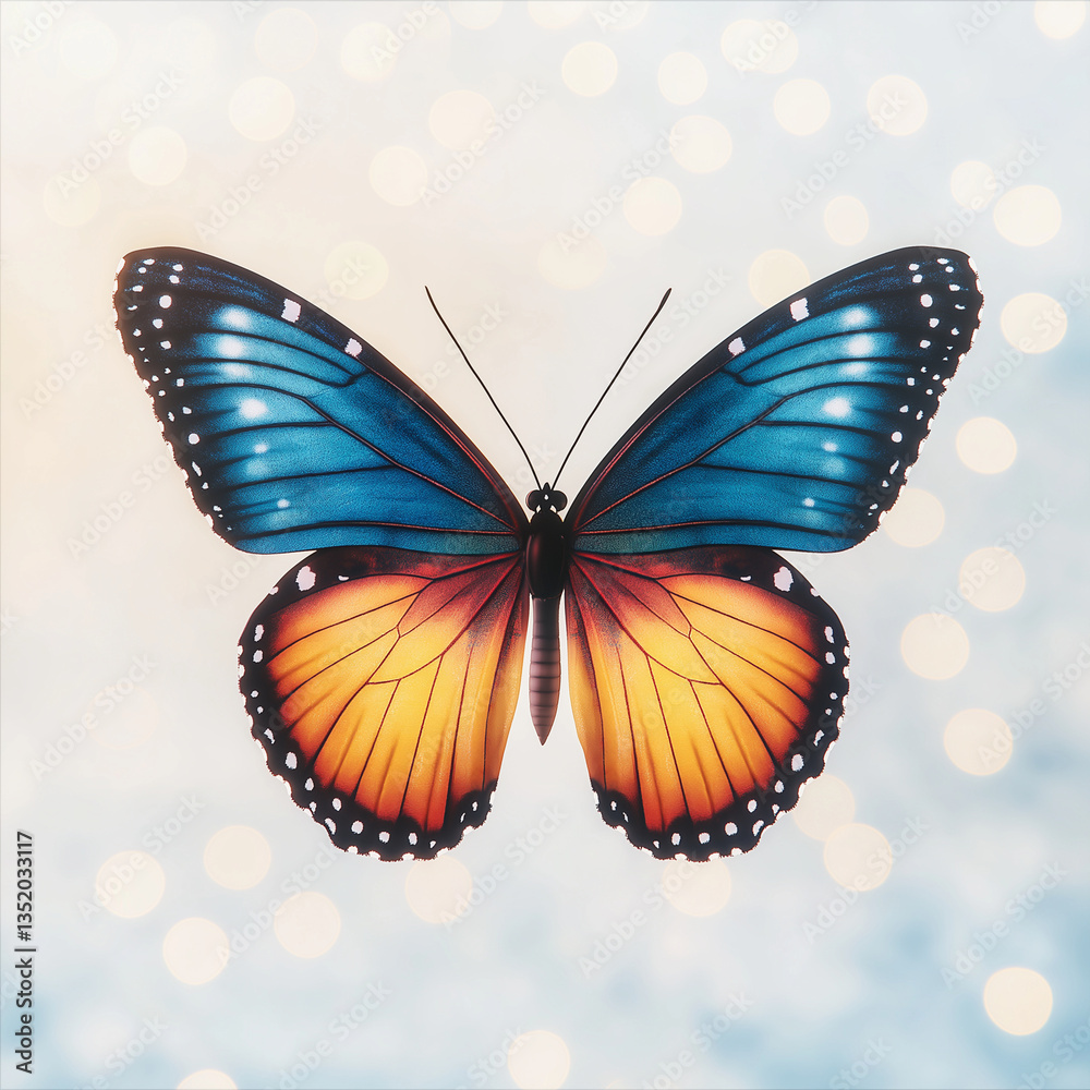 Obraz premium stunning butterfly with vibrant blue and orange wings, showcasing intricate patterns against soft, blurred background filled with gentle bokeh lights. This captures beauty and elegance of nature