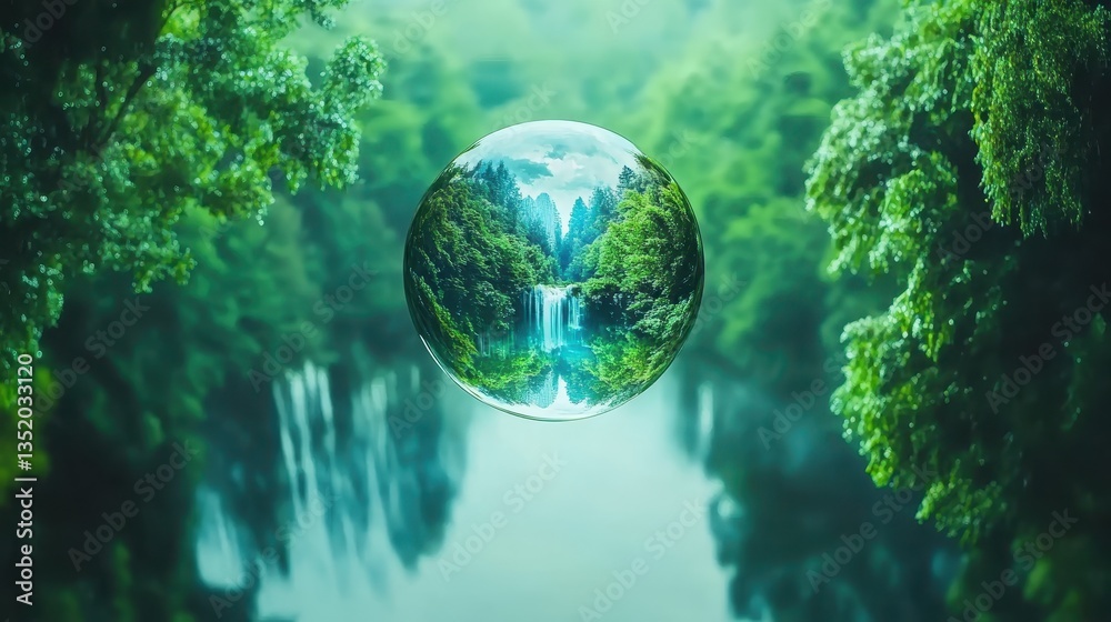 Rainforest Waterfall in Crystal Ball with Lush Green Paradise. Rainforest Waterfall in Crystal Ball with Lush Green Paradise.