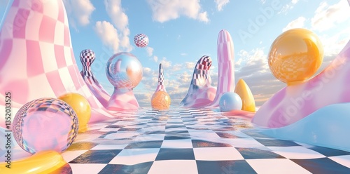 A colorful surreal landscape with various geometrical shapes and sky