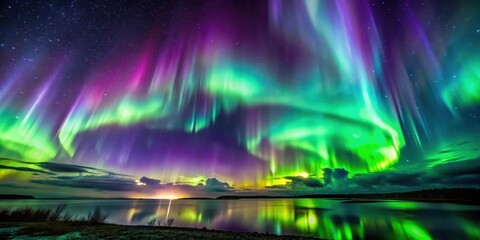 Rideaux  Northern Lights dancing across the dark sky with vibrant green and purple hues shimmering in the darkness, Dark Clouds, Shimmering Colors  © Songkran