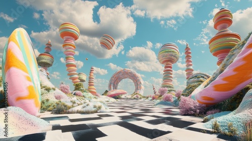 A surreal landscape featuring colorful striped organic structures in a whimsical scene