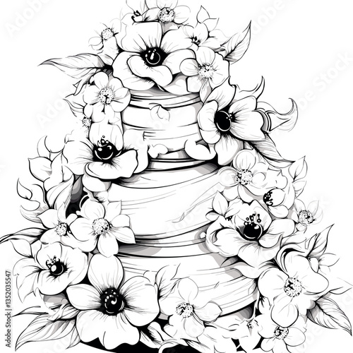 Cake with flowers on it. The cake is white and has a floral design. The flowers are arranged in a way that they look like they are blooming. The cake is the centerpiece of the image