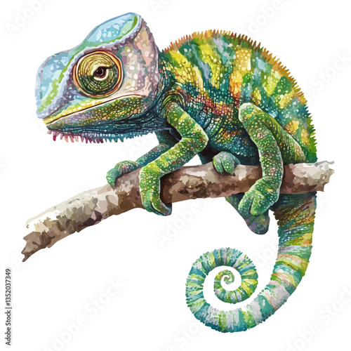 A watercolor vector painting of a mother chameleon with her kid, isolated on a white background.

