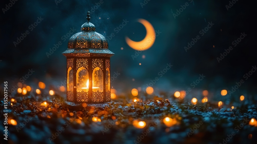 Mystical Ramadan Night: Lantern's Glow under Crescent Moon Mystical Ramadan Night: Lantern's Glow under Crescent Moon
