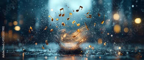 Golden musical notes falling in a wet environment