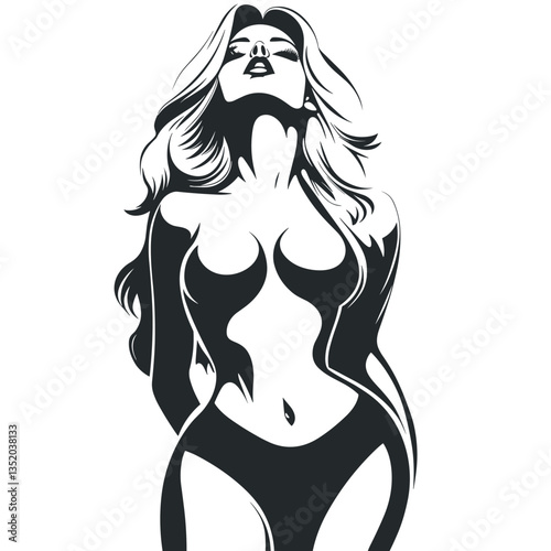 Woman with long blonde hair and a black bikini top. She is standing with her arms crossed and looking away from the camera