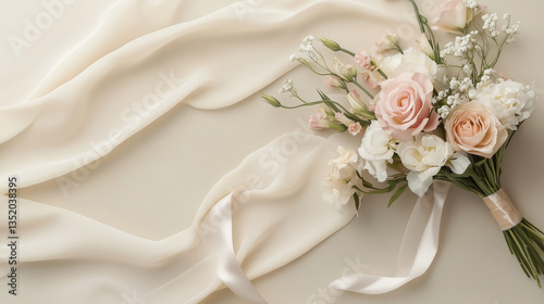Elegant bridal bouquet with pastel roses on ivory fabric