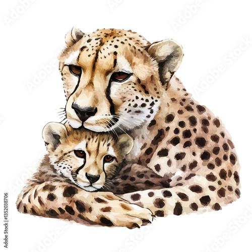 A watercolor vector painting of a mother cheetah with her kid, isolated on a white background.

